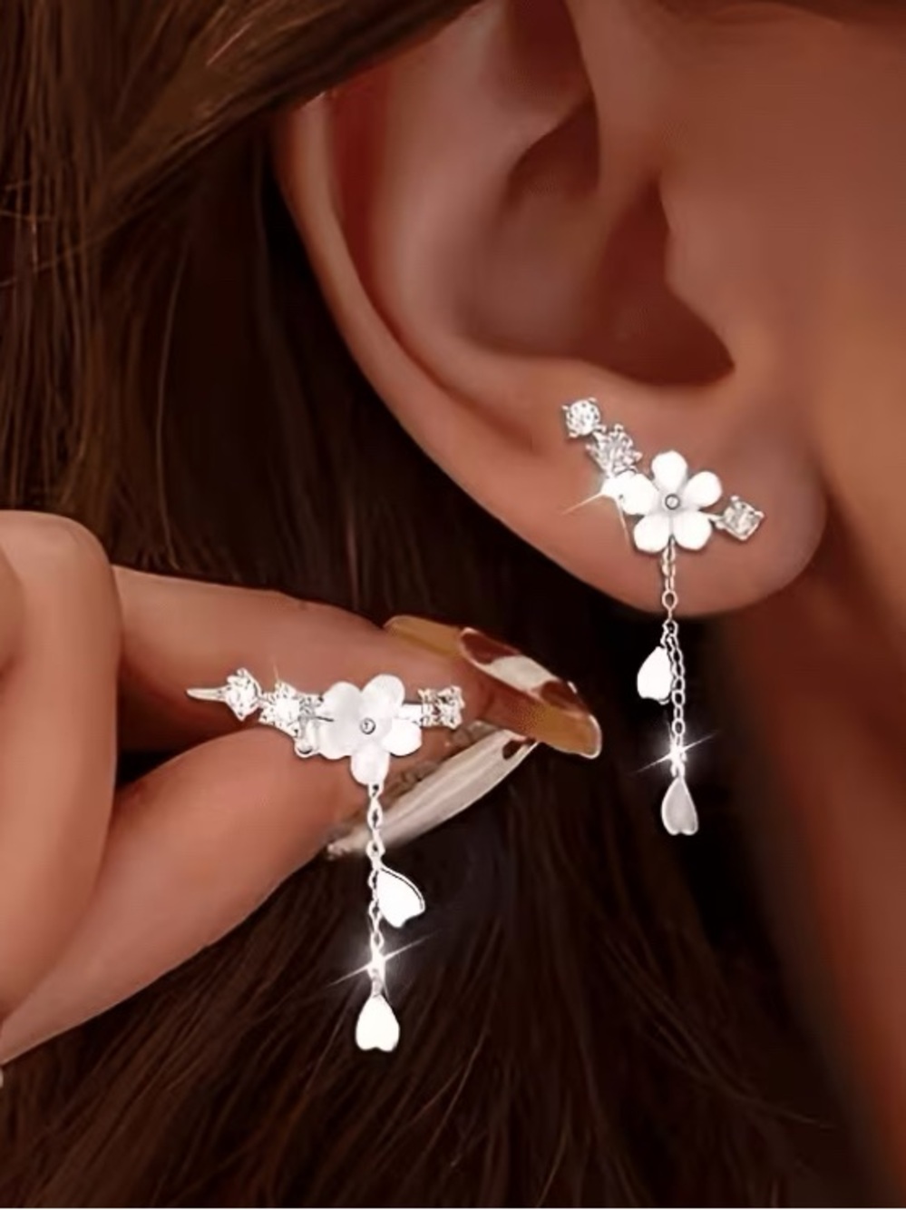 Silver Floral Drop Earrings with Heart Charms